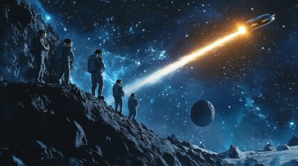 Fototapeta premium A group of astronauts are on a mission to explore a planet