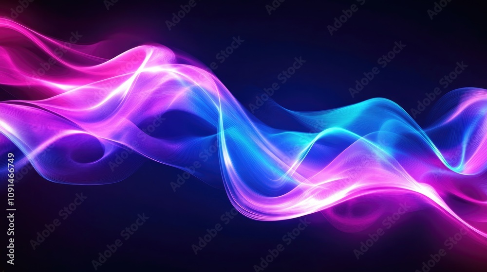 Poster colorful neon waves in blue and pink gracefully flow and undulate against a dark, high contrast back