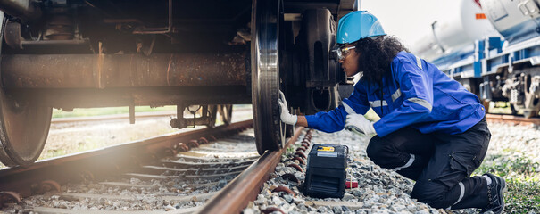 Engineer inspection and checking railway and checking work on railroad station. Engineer checking...