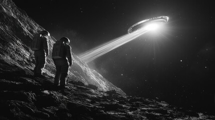 Fototapeta premium Two astronauts are standing on a rocky surface looking up at a large