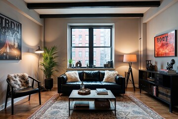 Fototapeta premium Stylish Loft Featuring Black Leather Sofa and Modern Urban Decor