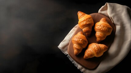Four Golden Croissants on a Wooden Serving Board with a Textured Fabric Napkin on a Dark Background, Representing Artisan Bakery and Rustic Charm