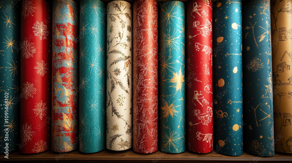 Poster a vibrant selection of holiday wrapping paper rolls featuring various patterns and colors, neatly ar