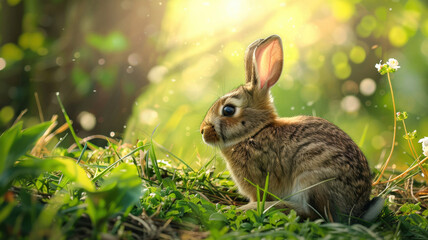 Fototapeta premium An adorable Easter bunny surrounded by soft pastel colors and Easter eggs, with ample space for a festive inscription or message, perfect for Easter cards or celebrations.