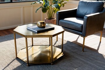 Chic Hexagonal Metal Coffee Table with Brass Legs and Charcoal Grey Leather Loveseat in Sunlight