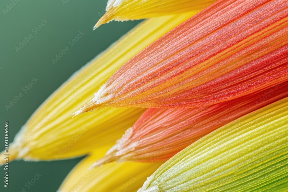 Poster a detailed view of a bright yellow and red flower, perfect for use in designs related to nature and 