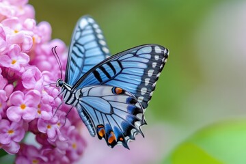 Naklejka premium A blue butterfly perches on a beautiful purple flower