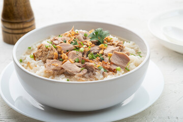 Boiled rice with canned tuna fish,Thai rice soup,Fusion Asian breakfast style