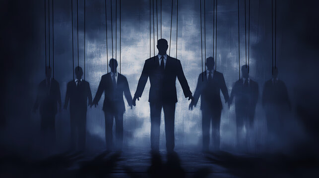 Political puppetry strings controlling corrupt politicians dark eerie atmosphere illustrating manipulation and power struggle shadows adding depth and intrigue. Shadow Puppet Show. Illustration