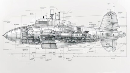 Fototapeta premium Detailed technical drawing of a steampunk airplane, showcasing its intricate inner workings and components.