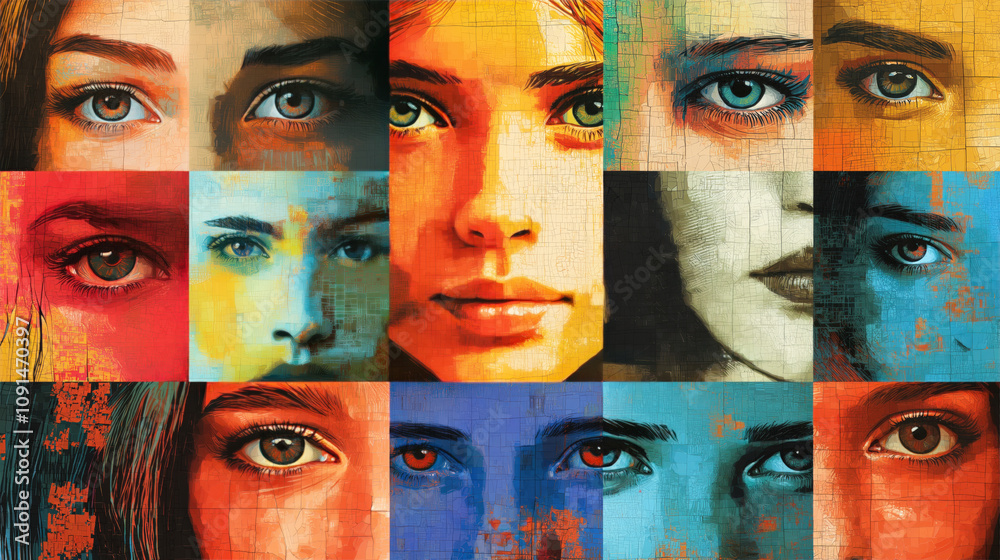 Aufkleber a captivating arrangement of female faces displaying various eye colors and expressions, emphasizing