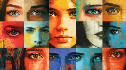 Obraz premium A captivating arrangement of female faces displaying various eye colors and expressions, emphasizing the diversity of beauty in art