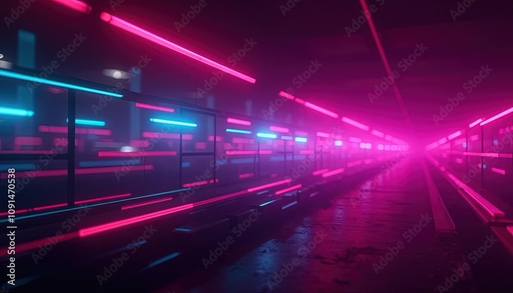Poster Futuristic light beams and glowing trails in motion creating a tunnel effect with speed lines