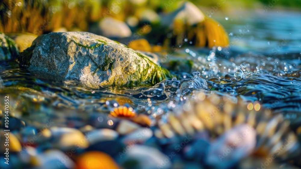 Poster a detailed view of a rock partially submerged in water