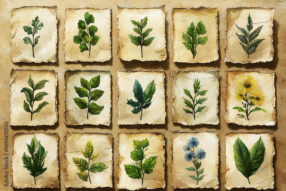 Aufkleber Various pressed leaves and botanical illustrations arranged on a rustic surface, highlighting different shapes and textures of foliage
