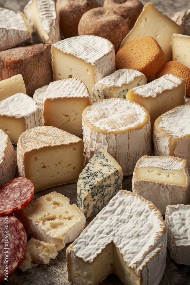 Poster A selection of various cheeses displayed on a table