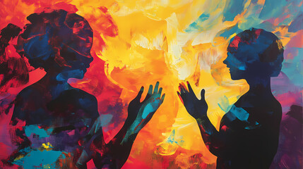 Obraz premium Abstract surreal shadow puppetry in colorful oil painting. Shadow Puppet Show. Illustration