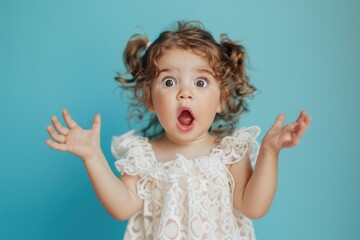 Fototapeta premium A young girl with a startled facial expression, suitable for use in illustrations about surprise, shock or reactions to unexpected events