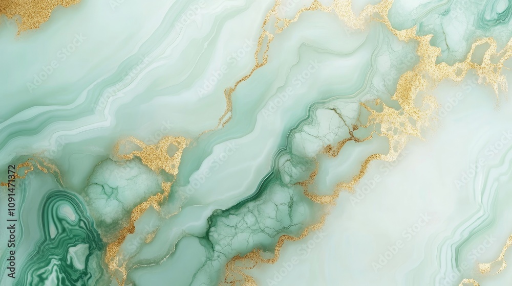 Poster Stylish abstract background with a faux stone texture, featuring malachite and agate patterns in mint green and gold veins, evoking an elegant marbled appearance.