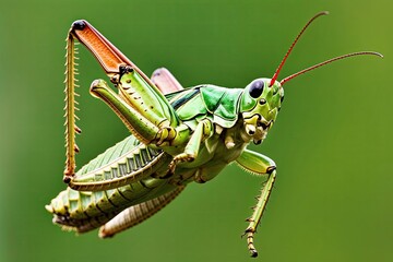 Fototapeta premium Close-Up Macro Image of Isolated Grasshopper Jumping on Green Background