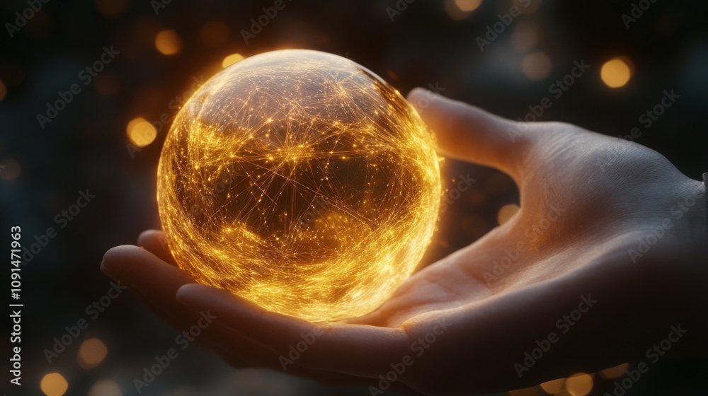 Poster The image captures a glowing orb of light resting in an open hand, symbolizing advanced technology and connectivity.