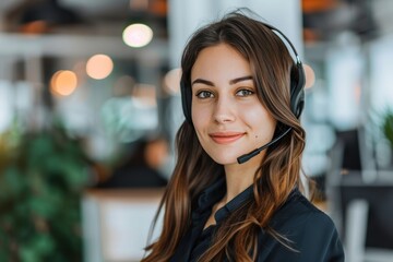 Obraz premium Successful female leader in a call center, blurred background highlighting her achievements