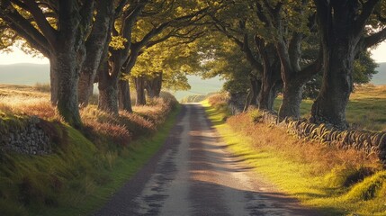 Fototapeta premium Sunlit Country Road Lined With Majestic Trees