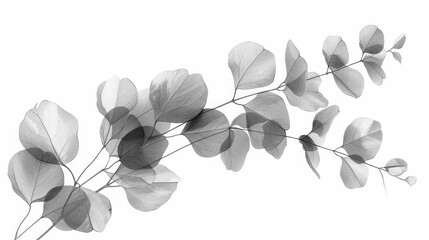 Abstract grayscale eucalyptus leaves and branches.  Delicate, layered, and translucent foliage.  Soft light gray tones against a pure white background.