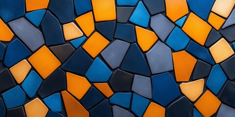Mosaic pattern with intricate tiles in shades of blue, gold, and terracotta