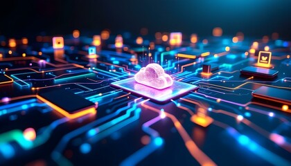 Cloud Computing Concept with Neon Cloud Icon and Digital Circuit Connections Representing Data Storage

