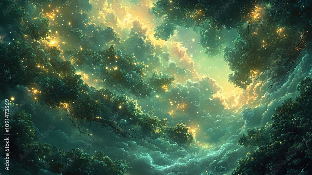 Poster lush green forest floating among clouds with glowing roots and ethereal light