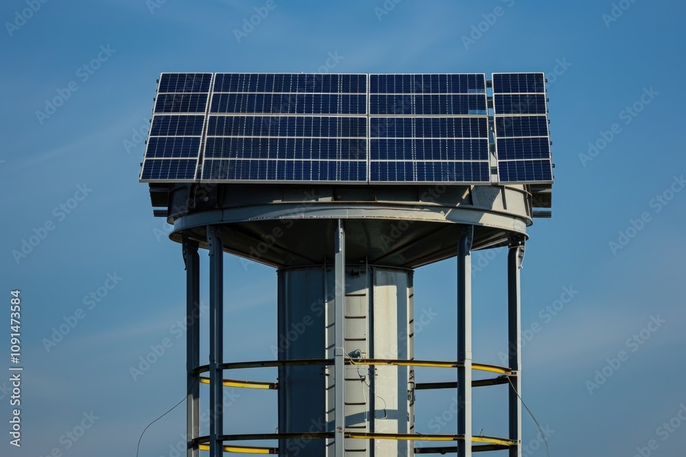 Poster a modern tower with a solar panel installed on top