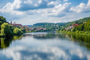 Fototapeta premium A serene lake scene with lush trees and surrounding buildings, perfect for use in landscape or architectural photography