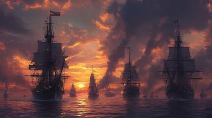 Frigates Clash in a Fierce Naval Battle Against a Fiery Horizon at Dusk