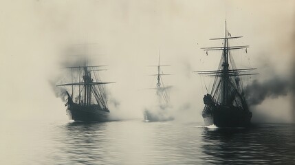 Fototapeta premium Naval Frigates Engage in Fierce Battle Amidst a Smoky Horizon in the Early Nineteenth Century