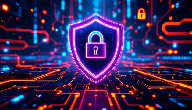 Enhanced cybersecurity shield concept with glowing neon lock, showcasing futuristic data protection and secure networks.

