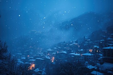Obraz premium A quiet snowy night scene in a small town with snow-covered streets and buildings