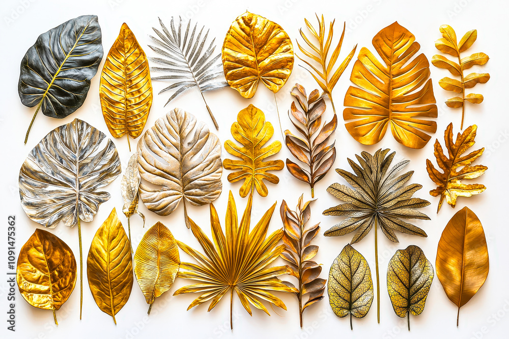 Poster an artistic display of various gold and silver dried leaves showcases intricate textures and shapes 