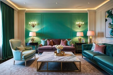 Fototapeta premium Stylish Mint Wall Luxury Living Room Featuring Elegant Reading Chair Marble Coffee Table and Ambient Lighting