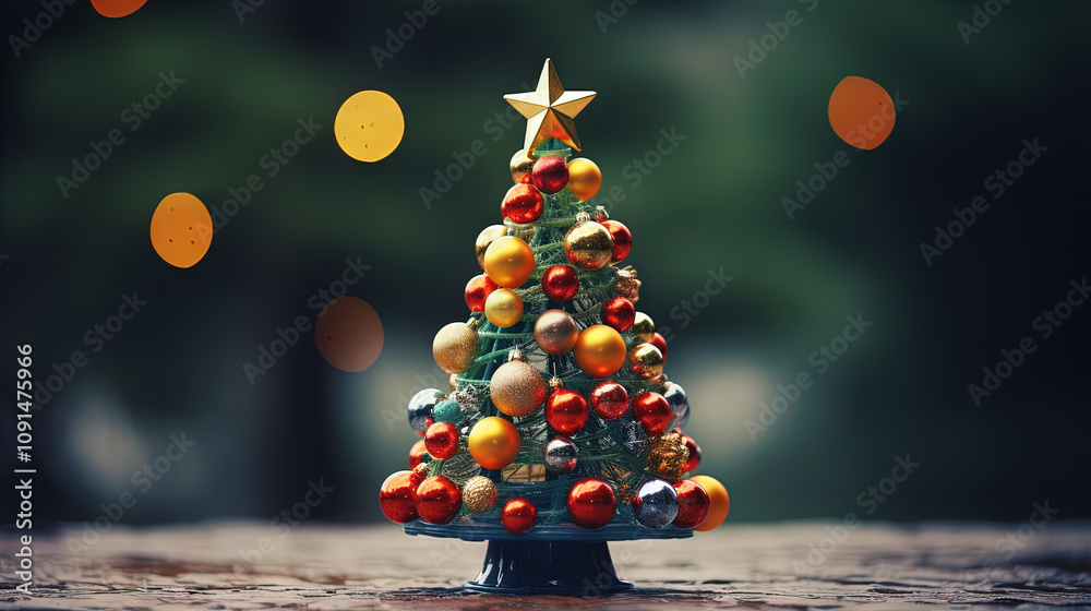 Aufkleber tiny christmas tree toy on the table. symbol of winter holidays with bokeh lights.