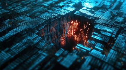 Global system failure and computer glitch with digital cubes and abstract network pattern