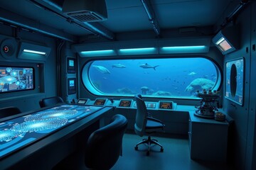 Fototapeta premium Underwater Research Laboratory with Advanced Technology and Ocean View Featuring Marine Life and Scientific Instruments