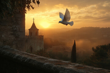 Obraz premium Dove Flying Near Castle Tower at Dawn