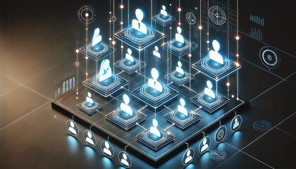Fototapeta premium Teamwork Strategy Futuristic teamwork hierarchy with glowing digital profiles