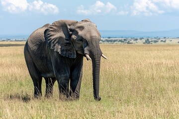 Obraz premium A single elephant stands among tall grass, providing a unique and peaceful scene