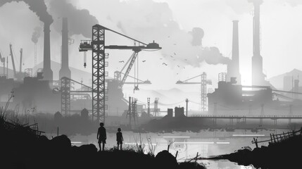 Obraz premium Two silhouetted figures observe an industrial landscape shrouded in smog at dawn.