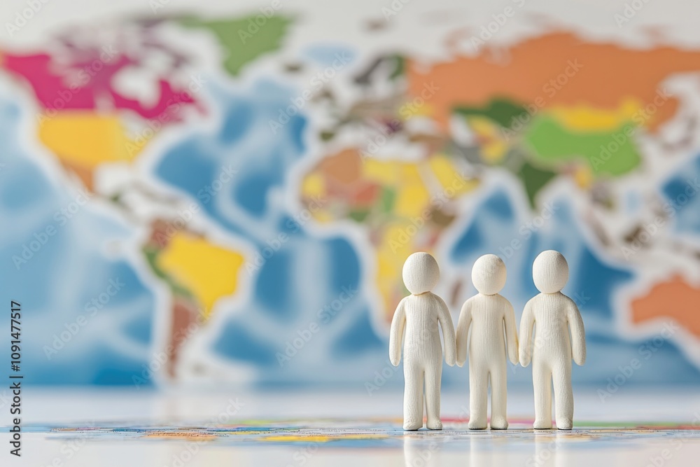 Poster a group of people standing on top of a map, discussing or planning something