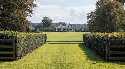 Fototapeta premium White farmhouse at the end of a grassy lane lined with hedges and wooden gates.