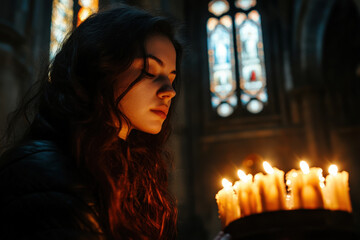 Fototapeta premium Woman Lighting Candles in a Church