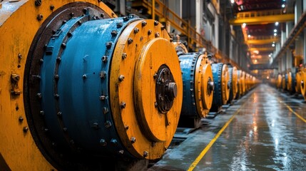 Industrial machinery interior vibrant blue yellow metal factory floor symmetry repetition engineering marvel